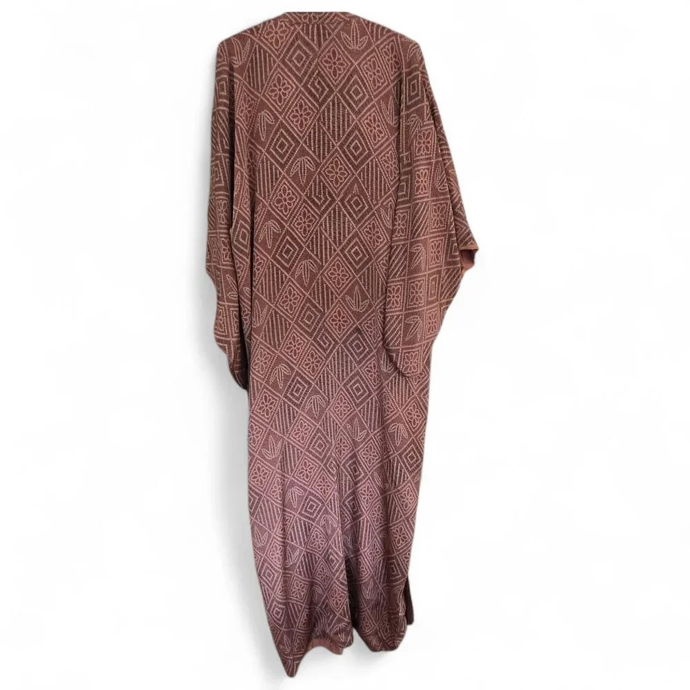 Vintage Brown & Ivory Kimono Robe Geometric Pattern & Open Front Fully Lined - Picture 2 of 8